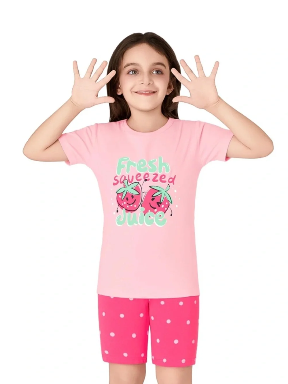 Girls Pajama Set Shorts Pants Short Sleeve Shirt Summer Strawberry Size 10
